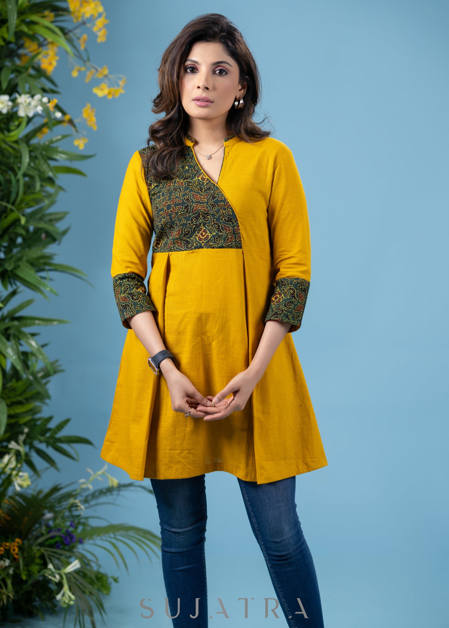 Exclusive mustard cotton tunic with contrast ajrakh combination