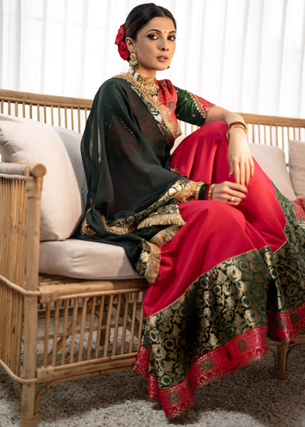 Beautiful magenta pink cotton silk lehenga with floral banarasi patchwork and embroidered blouse paired with georgette dupatta.