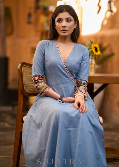 Elegant Powder blue cotton kurta with kalamkari detaling Pant optional