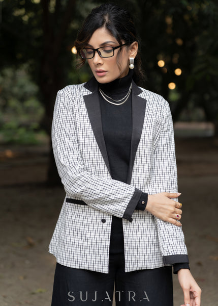 Elegant white cotton ikat formal blazer with optional pant