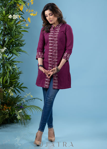 Classy wine cotton tunic with matching ikat combination