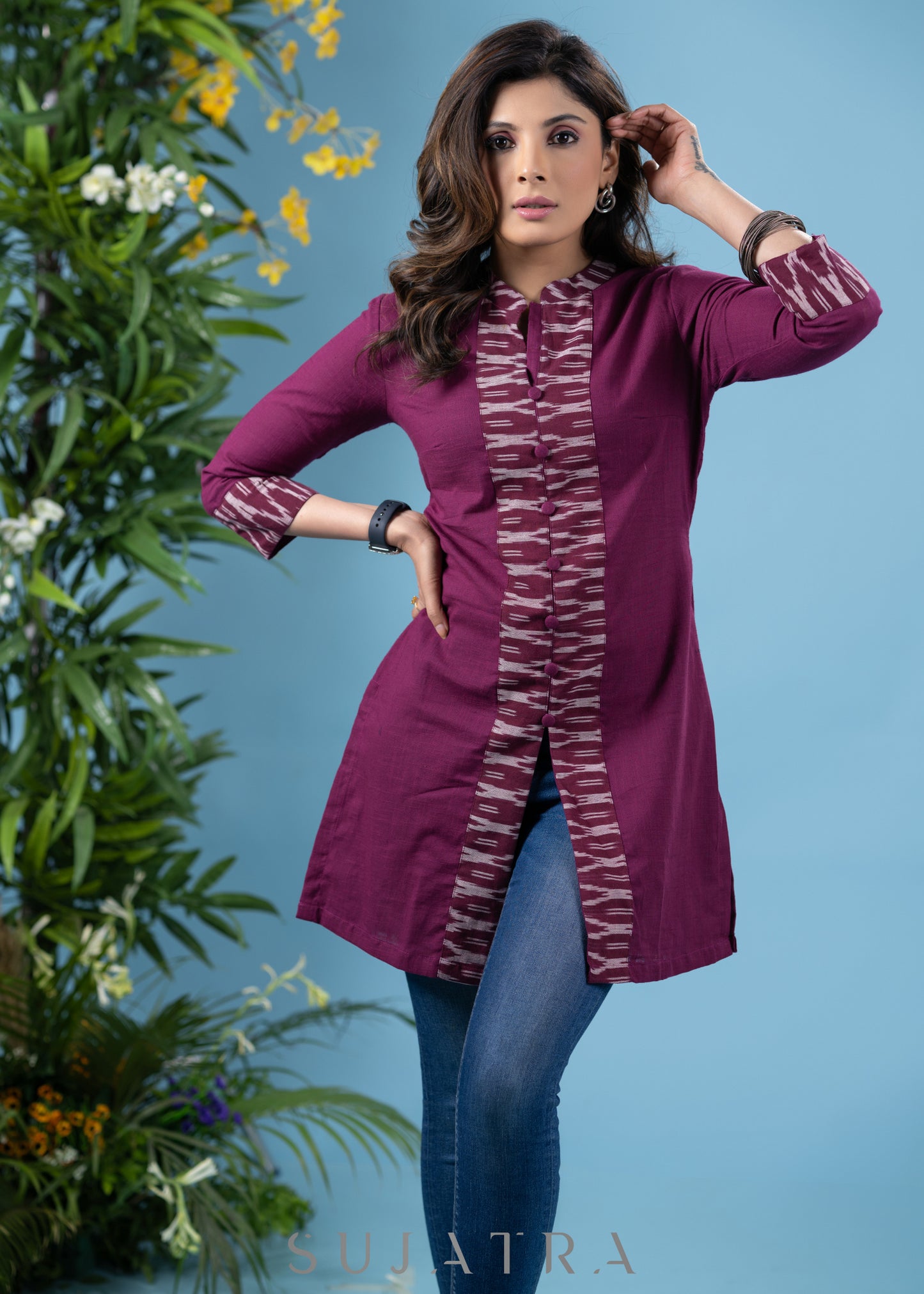 Classy wine cotton tunic with matching ikat combination