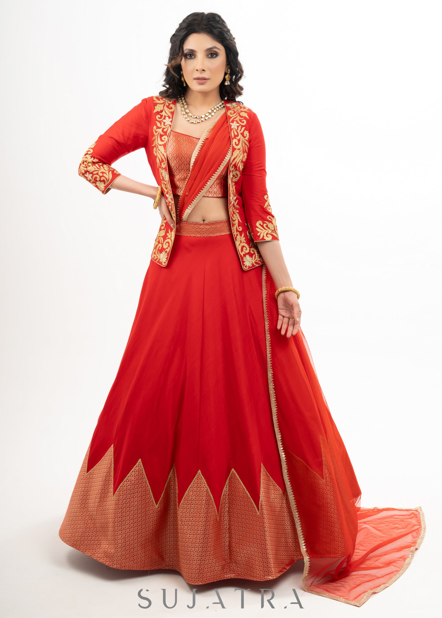 Stylish Red Cotton Silk Lehenga with Brocade Blouse & Jacket with Net Dupatta