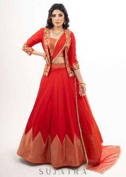 Stylish Red Cotton Silk Lehenga with Brocade Blouse & Jacket with Net Dupatta