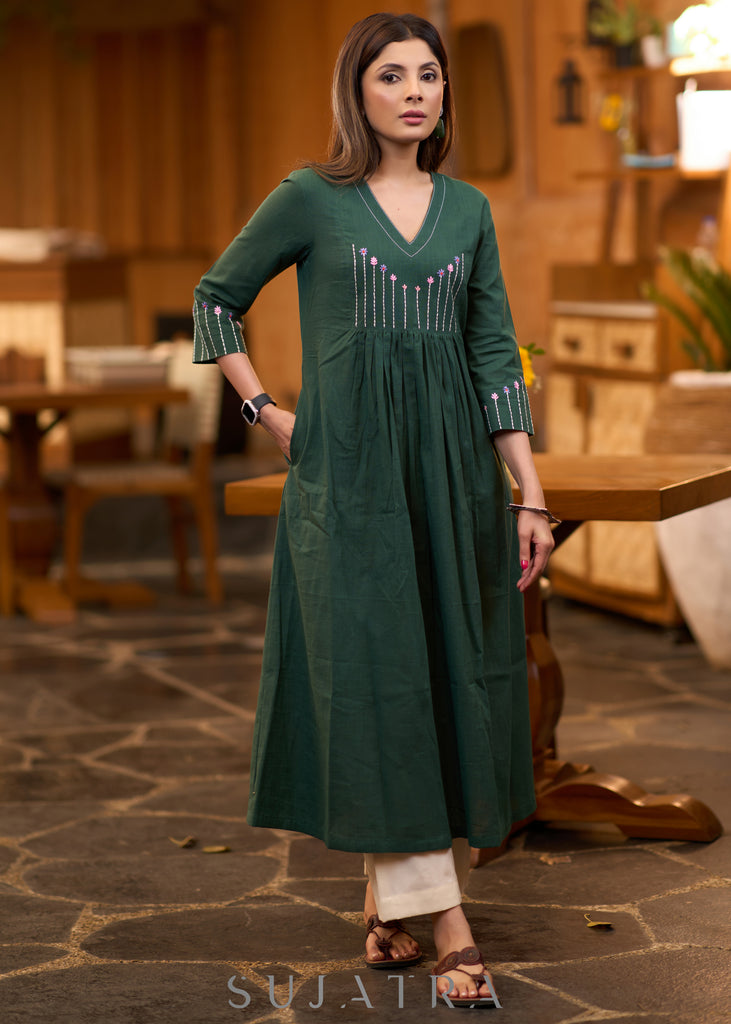 Classy forest green cotton pleated kurta with embroidered yoke - Pant optional