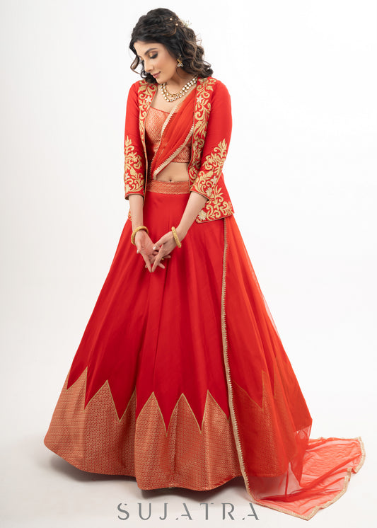 Stylish Red Cotton Silk Lehenga with Brocade Blouse & Jacket with Net Dupatta