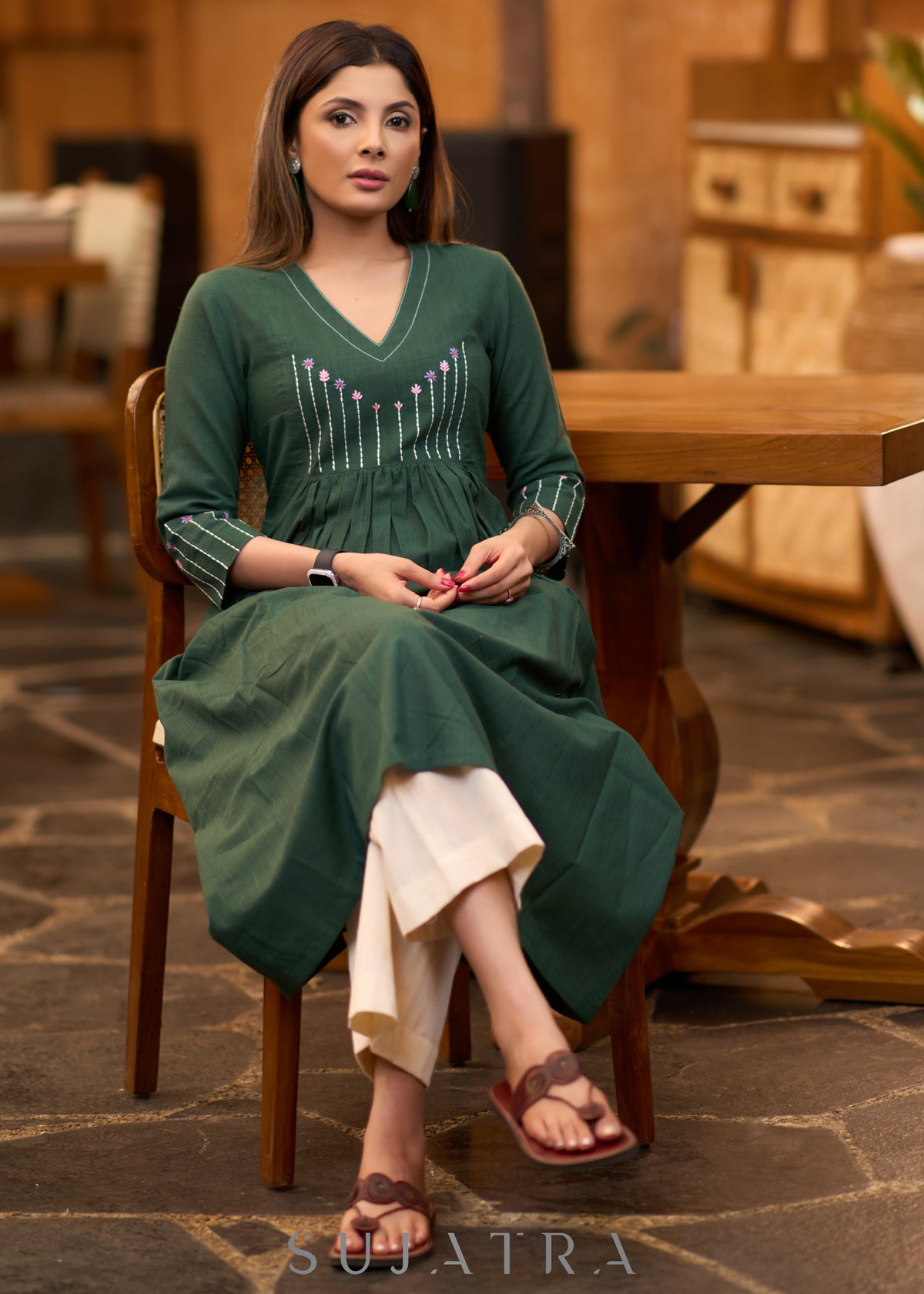 Dussehra Sale — Classy forest green cotton pleated kurta with embroidered yoke - Pant Optional