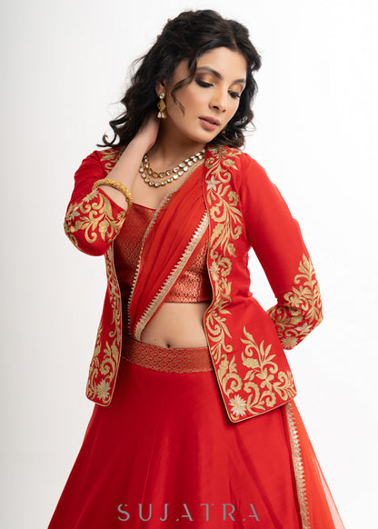 Stylish Red Cotton Silk Lehenga with Brocade Blouse & Jacket with Net Dupatta