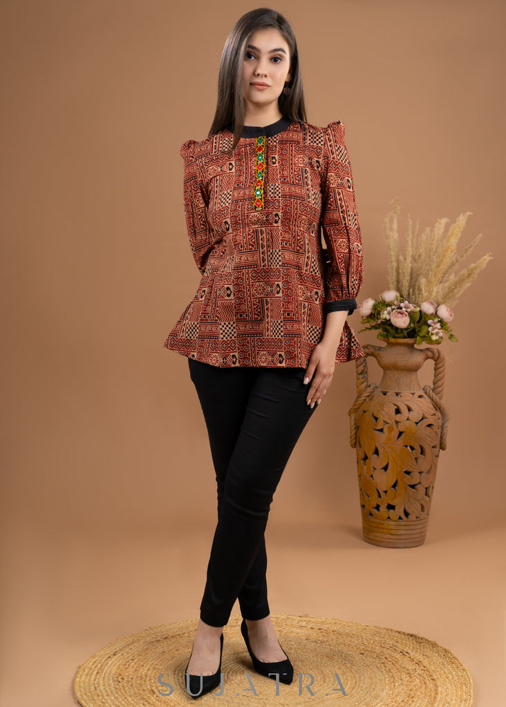 Maroon cotton Ajrakh top with kutch embroidered placket