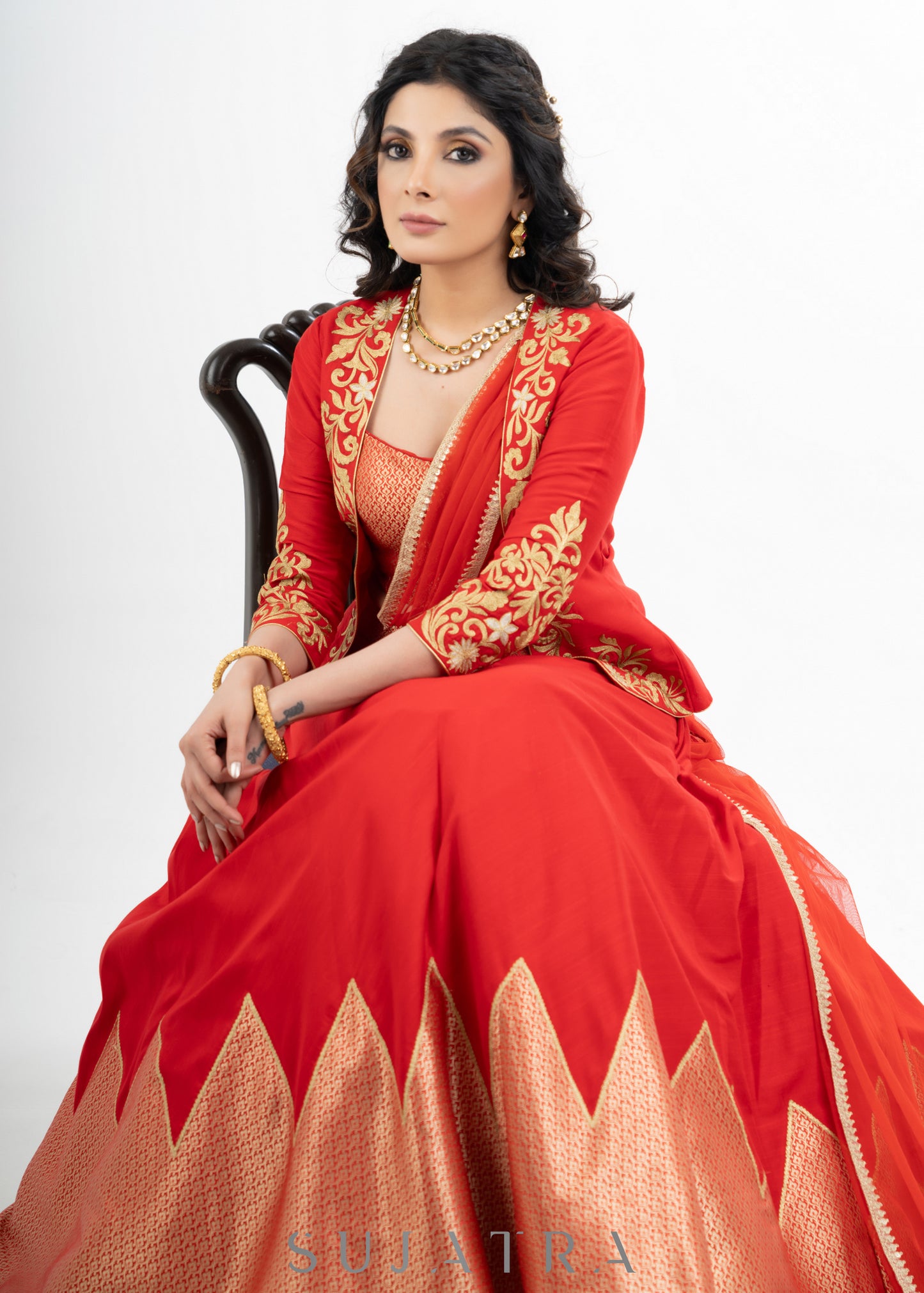 Stylish Red Cotton Silk Lehenga with Brocade Blouse & Jacket with Net Dupatta