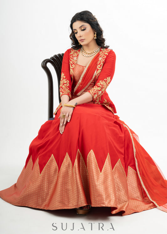 Stylish Red Cotton Silk Lehenga with Brocade Blouse & Jacket with Net Dupatta