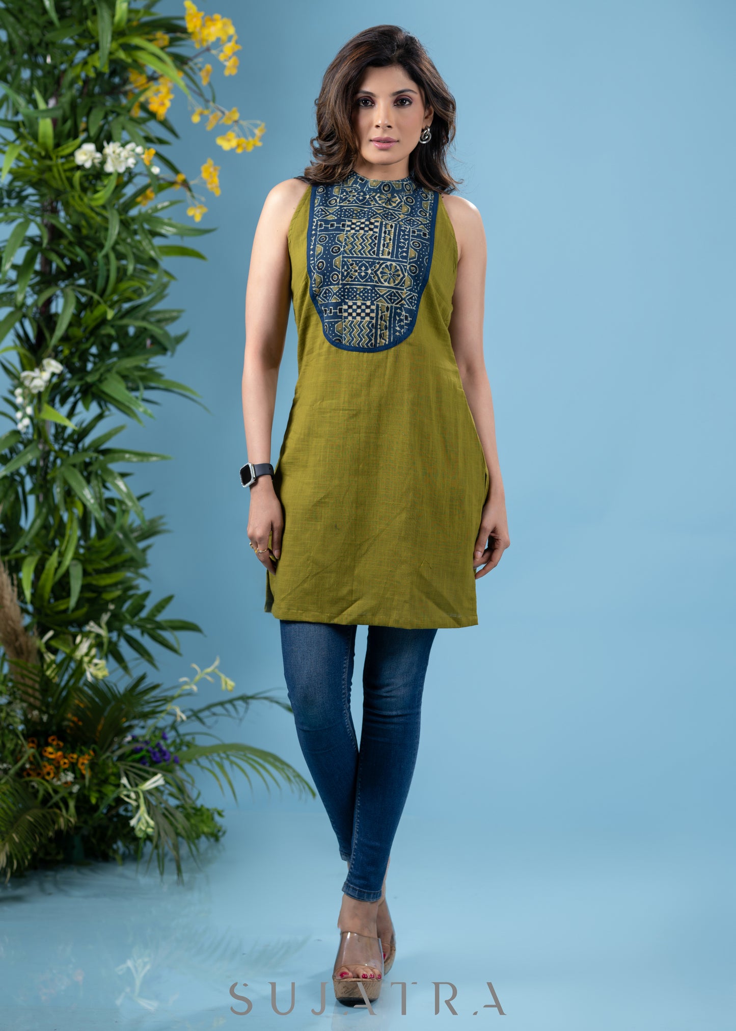 Trendy henna green cotton sleevless tunic with contrast ajrakh combination