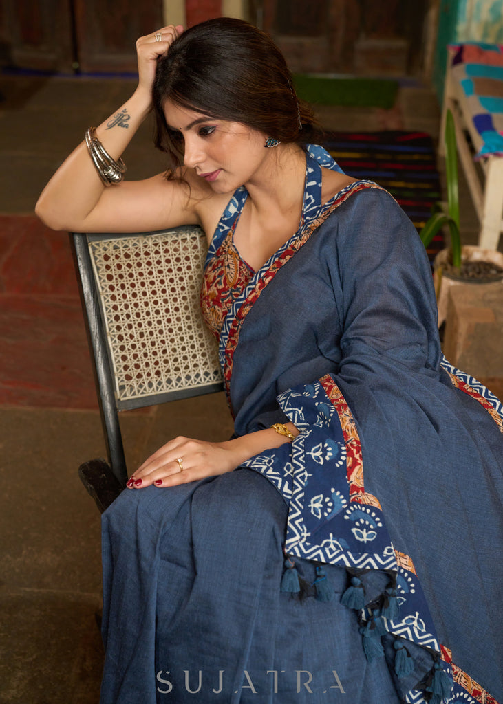 Stylish midnight blue cotton saree highlighted with indigo and kalamkari borders