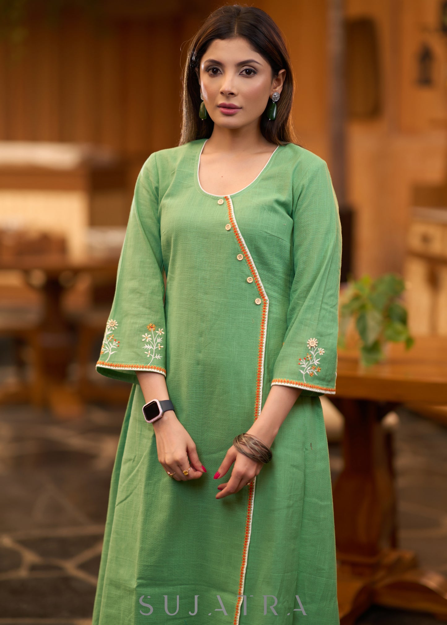 Pretty Pista green cotton asymmetrical kurta with embroidery Pant optional