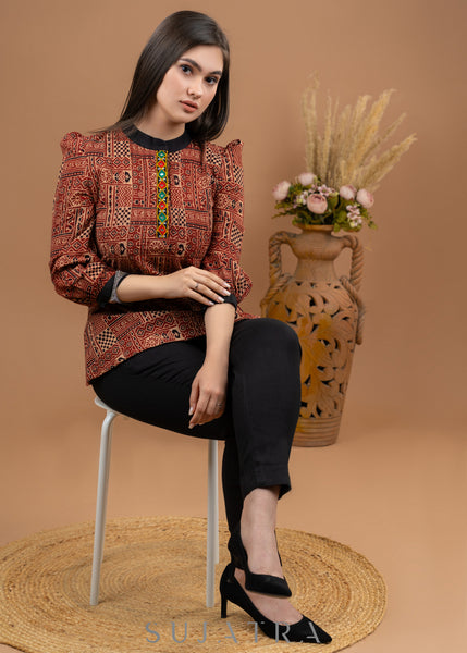 Maroon cotton Ajrakh top with kutch embroidered placket