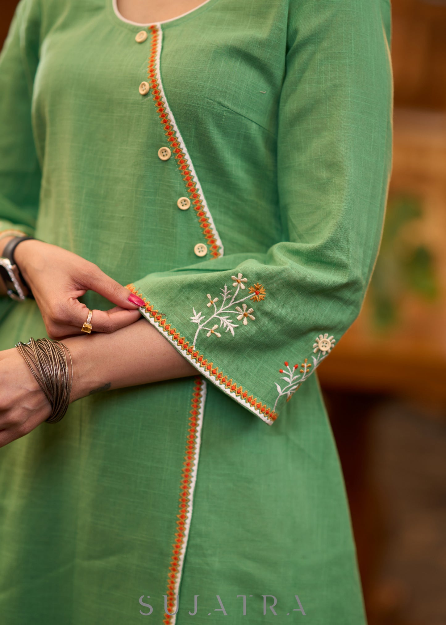 Pretty Pista green cotton asymmetrical kurta with embroidery Pant optional