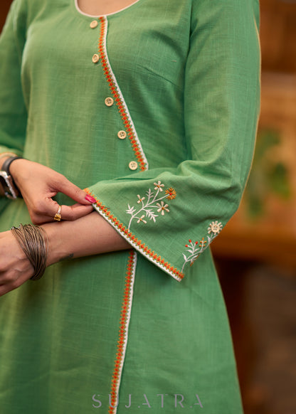 Pretty Pista green cotton asymmetrical kurta with embroidery Pant optional