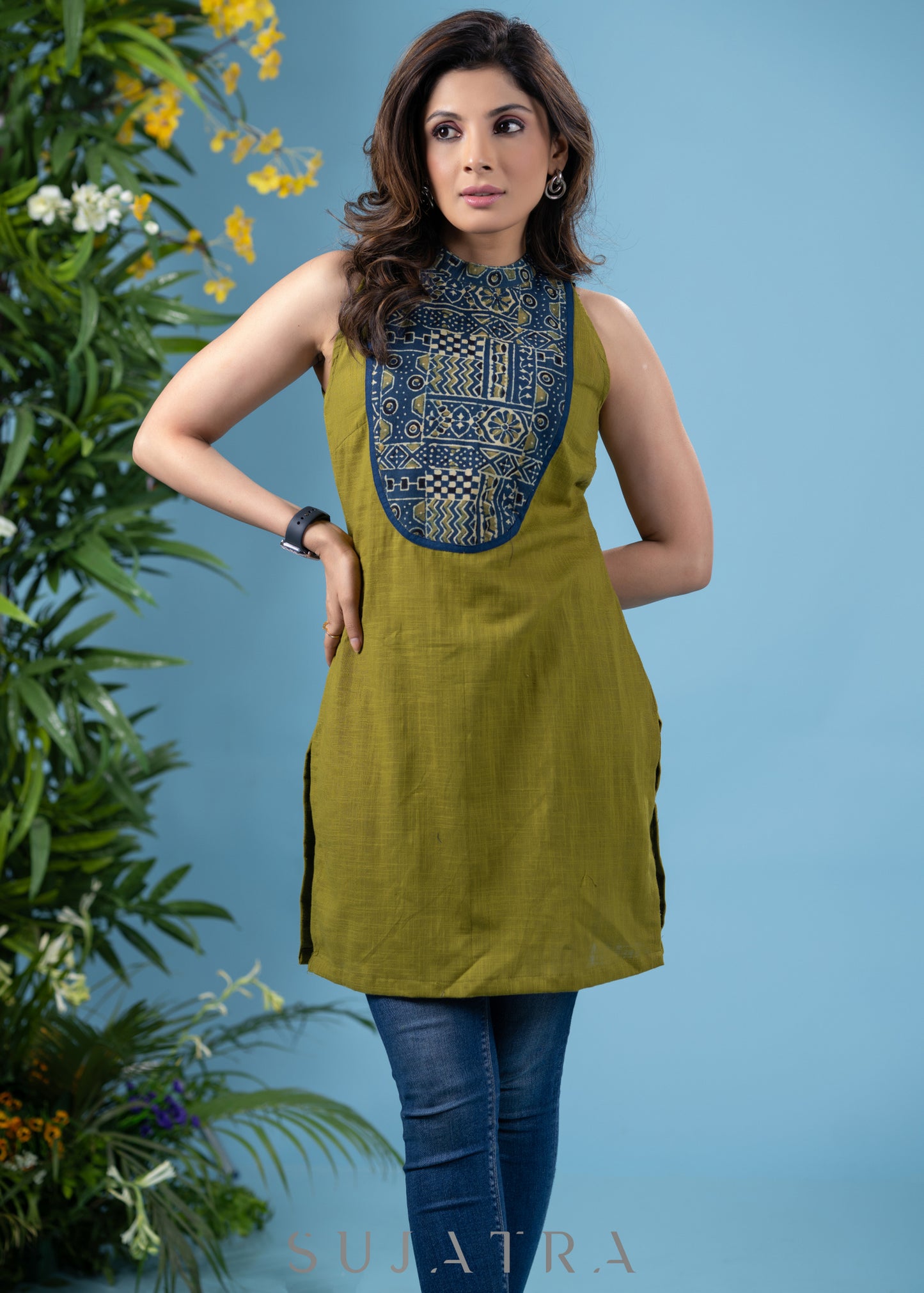 Trendy henna green cotton sleevless tunic with contrast ajrakh combination