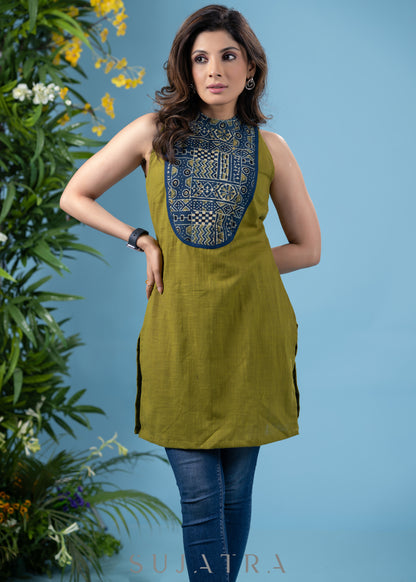 Trendy henna green cotton sleevless tunic with contrast ajrakh combination