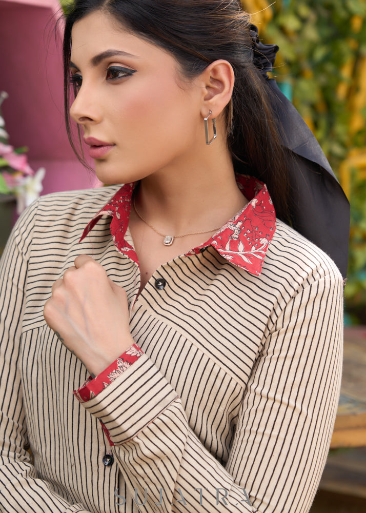 Classic cotton beige striped shirt with red floral print on collar & cuffs - Skirt Optional
