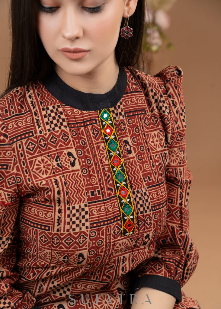 Maroon cotton Ajrakh top with kutch embroidered placket