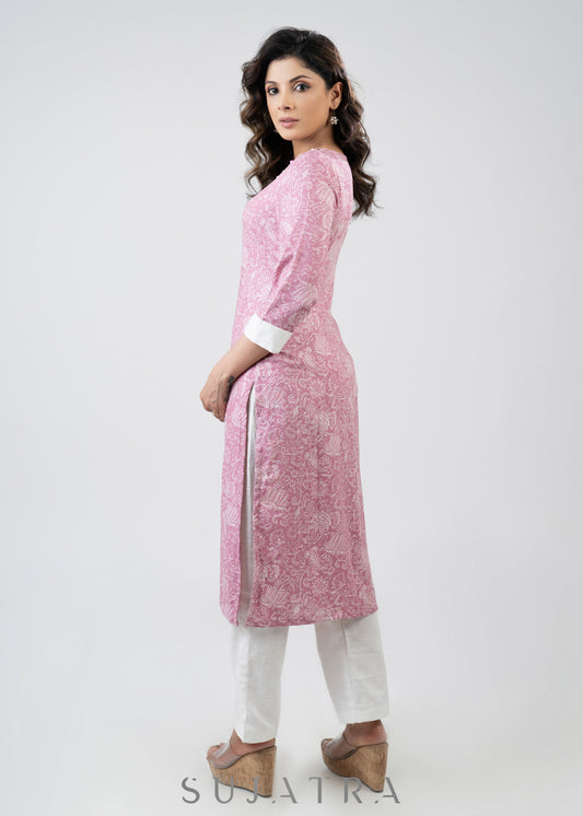 Smart Pink Printed Flowy Rayon Kurta - Pant Optional