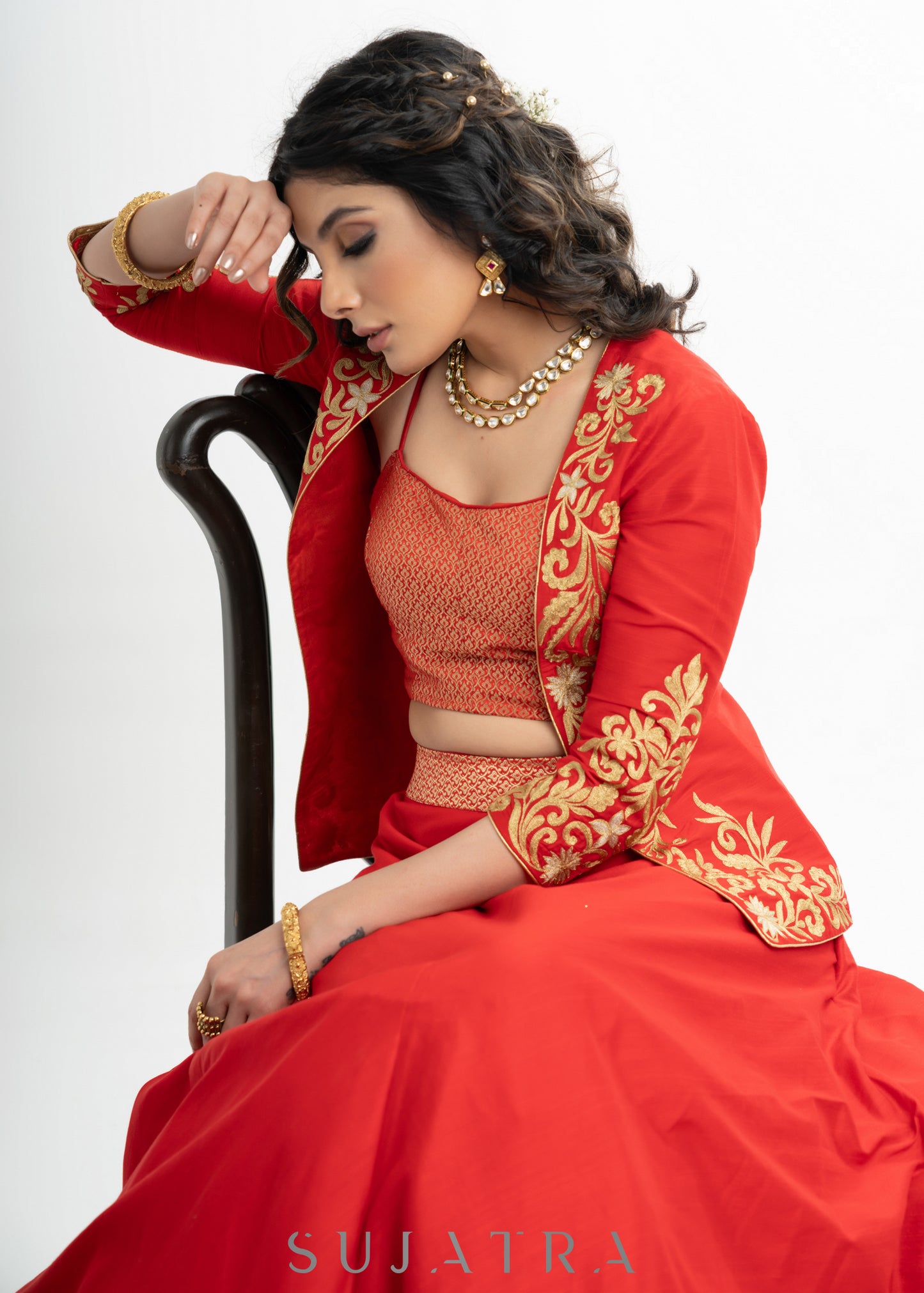 Stylish Red Cotton Silk Lehenga with Brocade Blouse & Jacket with Net Dupatta