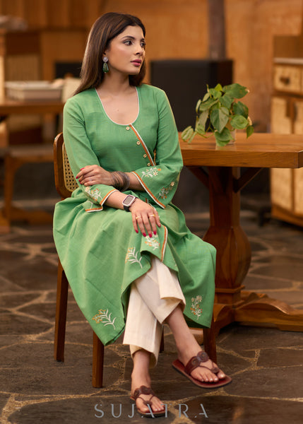 Pretty Pista green cotton asymmetrical kurta with embroidery Pant optional