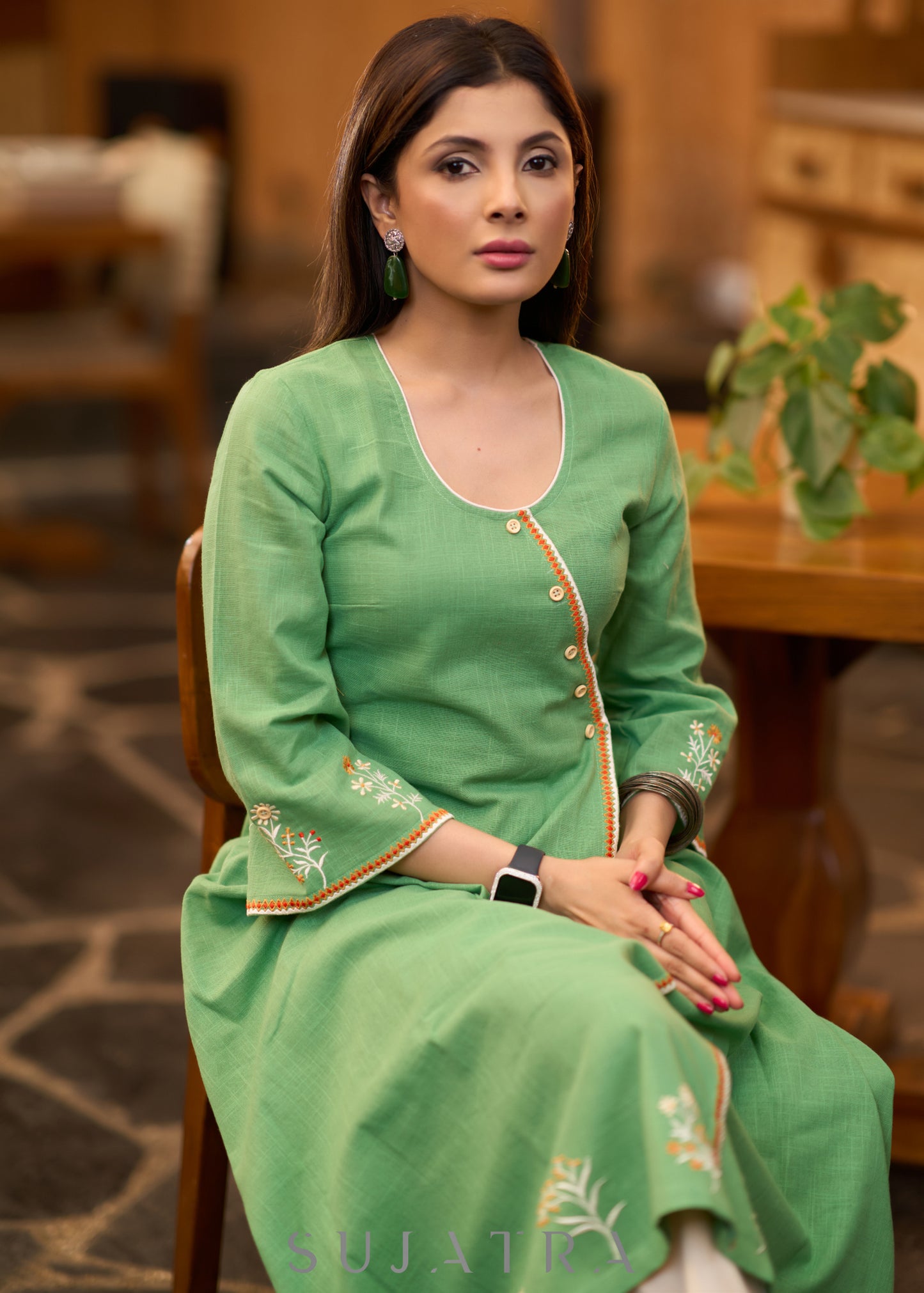 Pretty Pista green cotton asymmetrical kurta with embroidery Pant optional