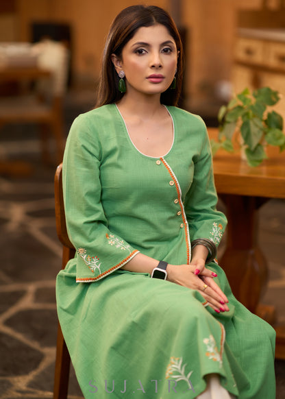 Pretty Pista green cotton asymmetrical kurta with embroidery Pant optional