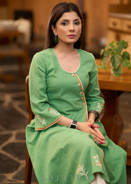 Pretty Pista green cotton asymmetrical kurta with embroidery Pant optional