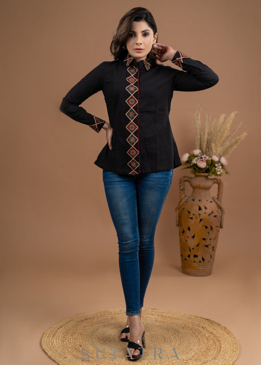 Exclusive black cotton combination shirt with borders