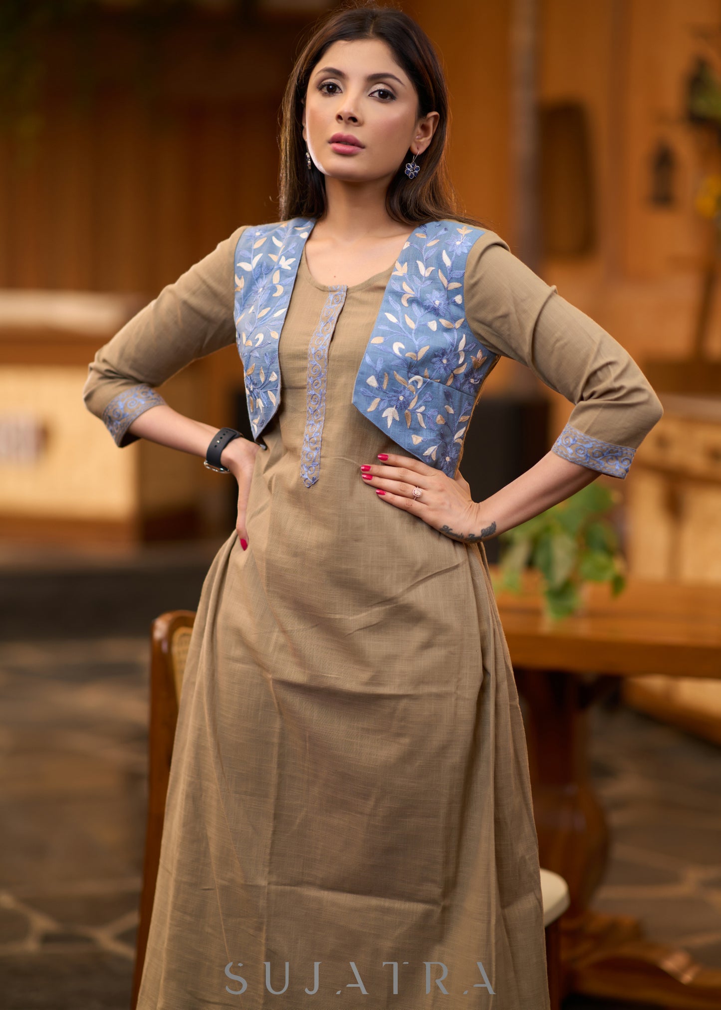 Smart beige cotton kurta with attached embroidered jacket - Pant optional