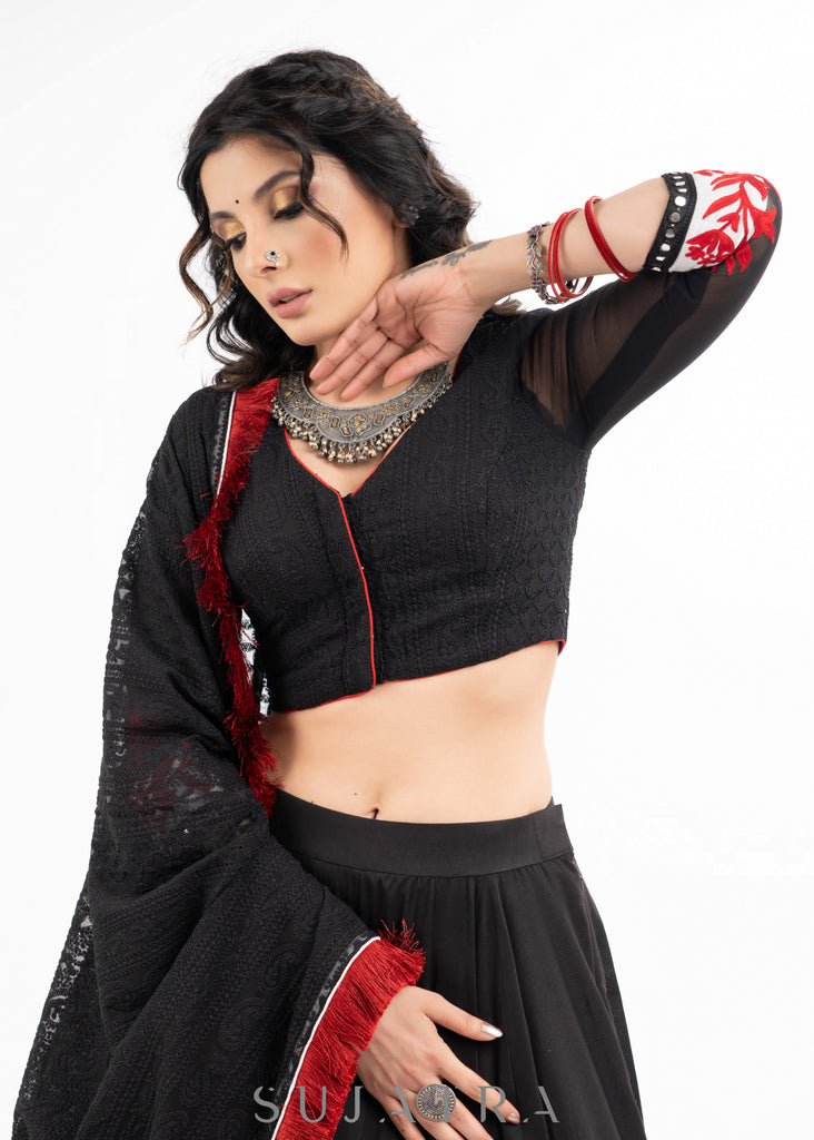 Exclusive Black Cotton Silk Lehenga with Red Delicate Embroidery combined with Embroidered Georgette Blouse & Dupatta