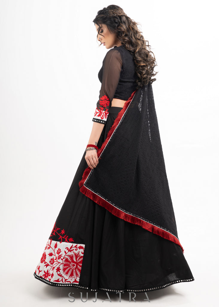 Exclusive Black Cotton Silk Lehenga with Red Delicate Embroidery combined with Embroidered Georgette Blouse & Dupatta