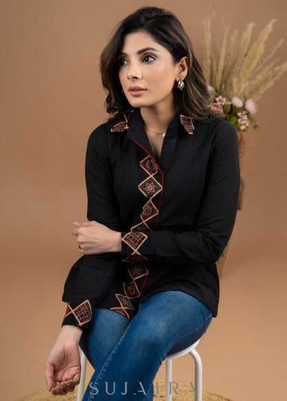 Exclusive black cotton combination shirt with borders