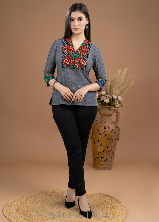 Grey cotton Handloom patch work top