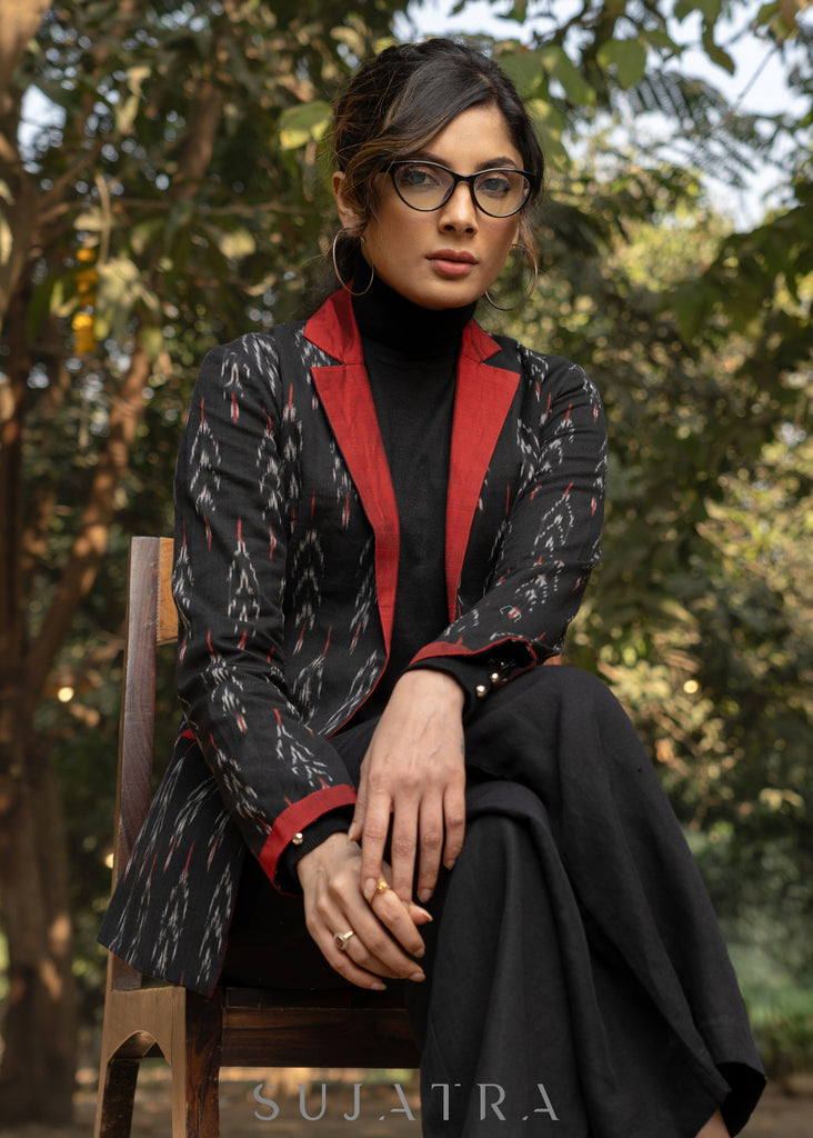 Exclusive black & red cotton ikat formal blazer with optional pant