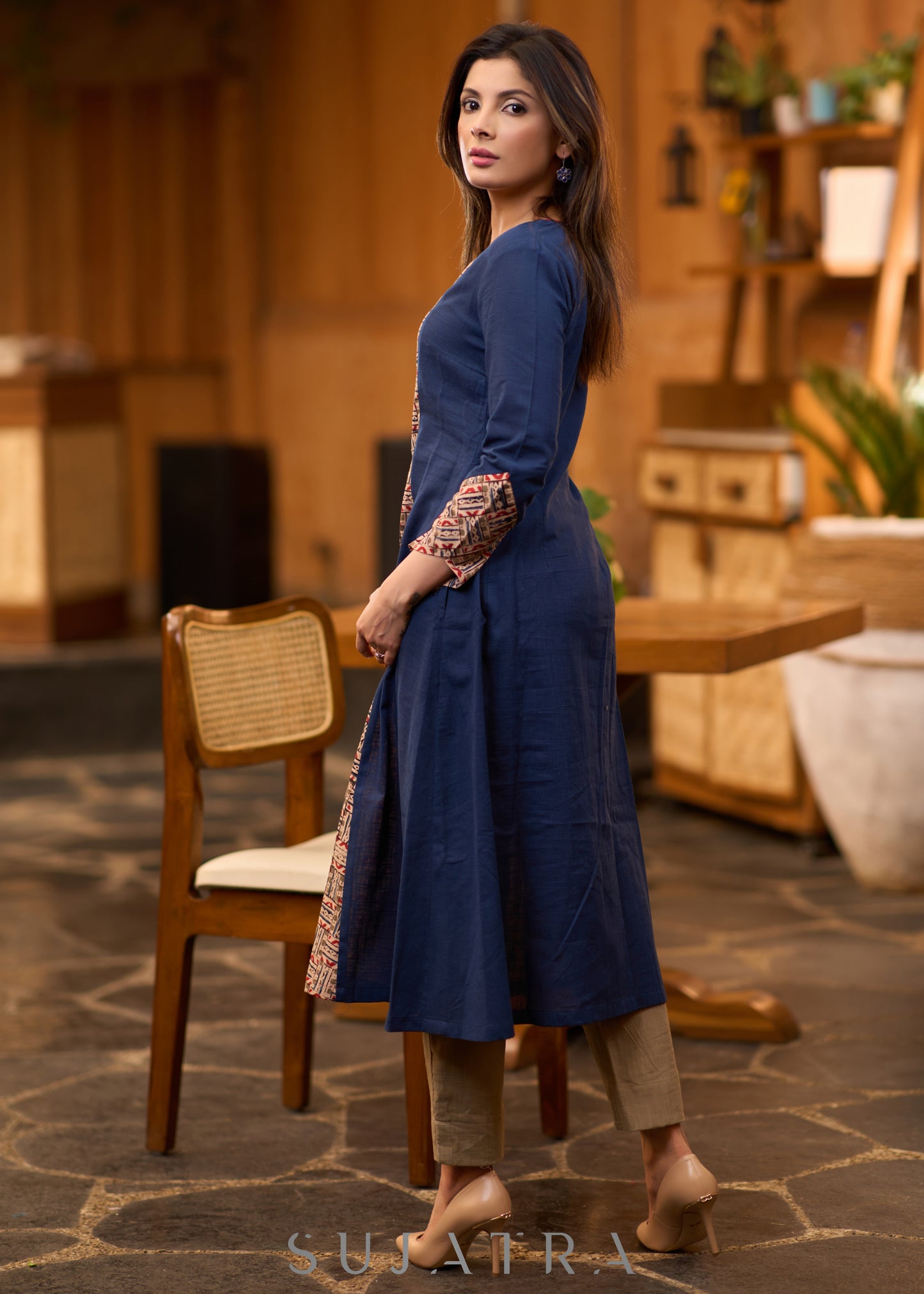 Trendy navy blue Princess cut kurta with beautiful prints - Pant optional