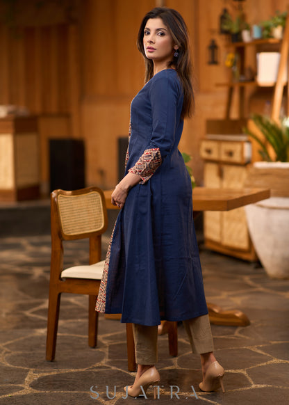 Trendy navy blue Princess cut kurta with beautiful prints - Pant optional