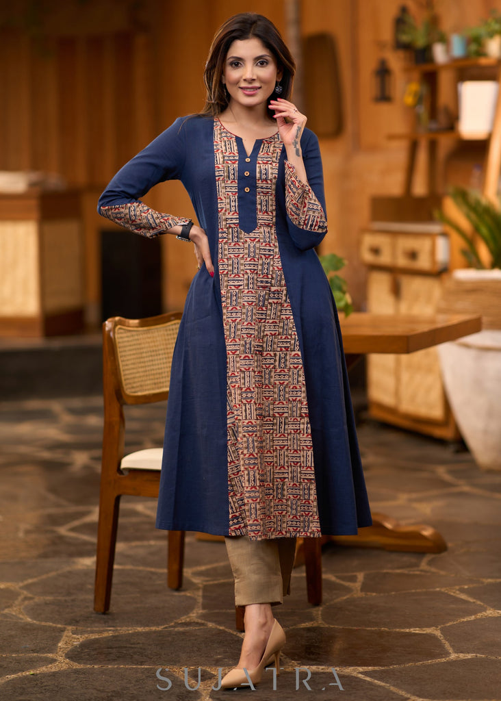 Trendy navy blue Princess cut kurta with beautiful prints - Pant optional