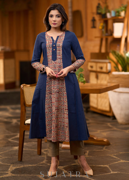 Trendy navy blue Princess cut kurta with beautiful prints - Pant optional