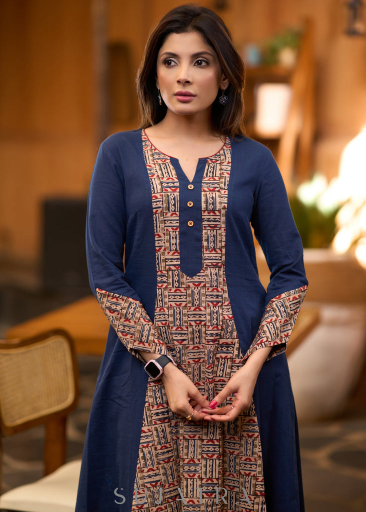 Trendy navy blue Princess cut kurta with beautiful prints - Pant optional