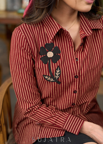 Smart cotton Maroon striped shirt with black patchwork flower - Skirt Optional