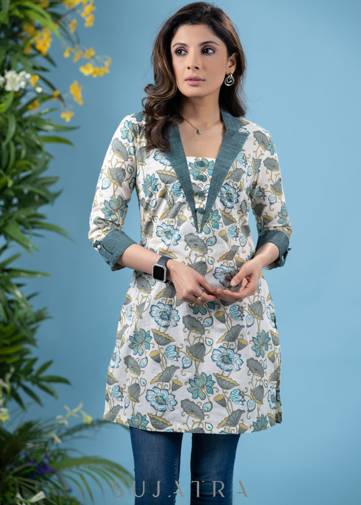 Stylish teal cotton floral printed collared tunic
