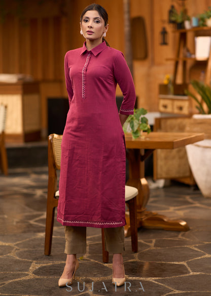 Classy wine cotton collared kurta with Gond painting - Pant optional