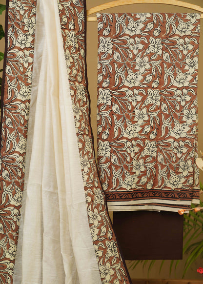 Natural Floral Printed Coffee Brown Cotton Suit Set with Chanderi Dupatta