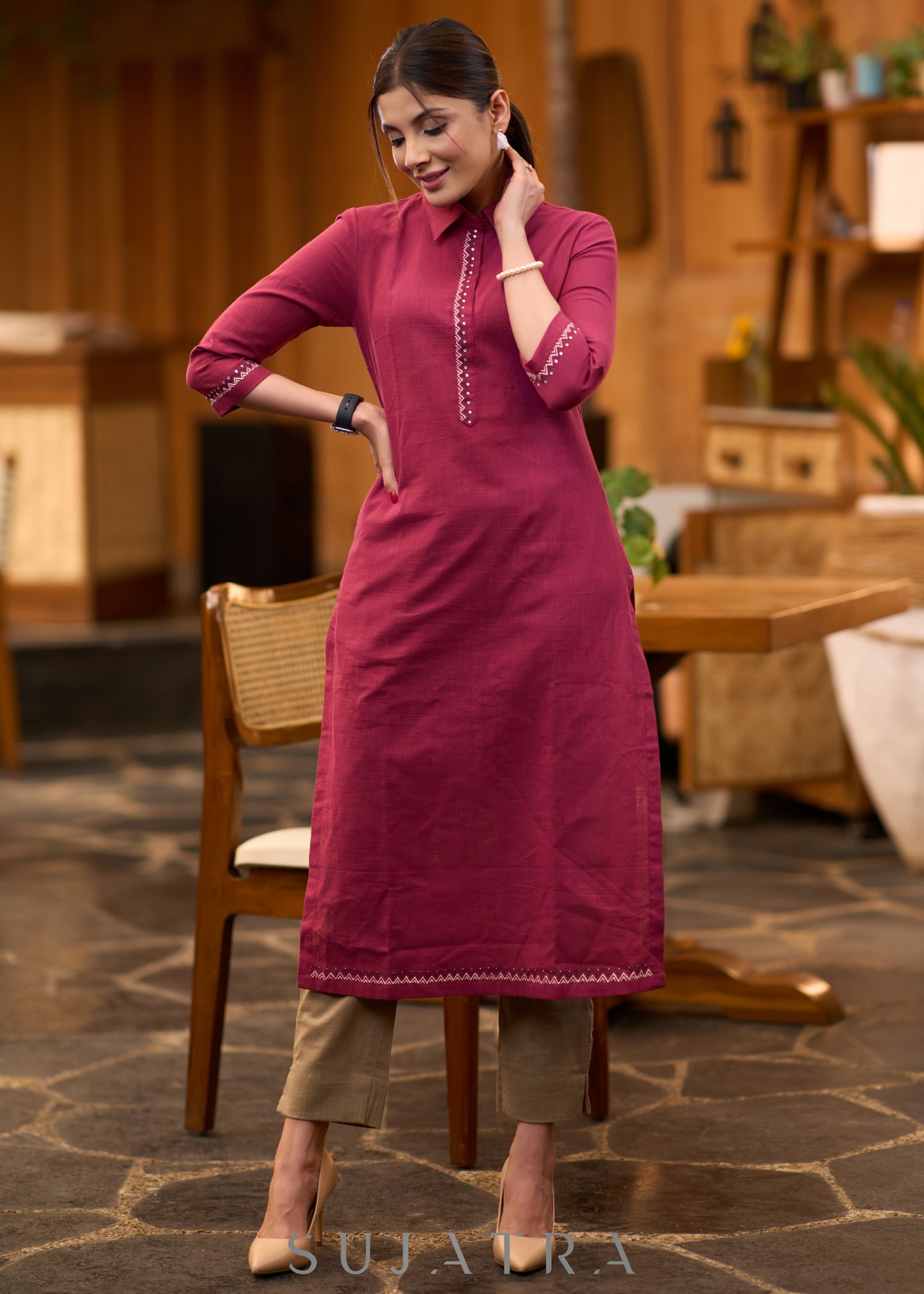 Classy wine cotton collared kurta with Gond painting - Pant optional