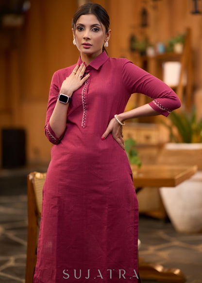 Classy wine cotton collared kurta with Gond painting - Pant optional