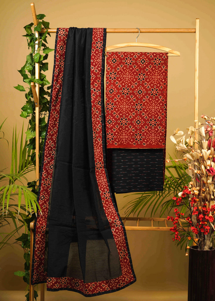 Maroon Cotton Ajrakh Suit Set with Black Ikat Bottom and Chanderi Dupatta